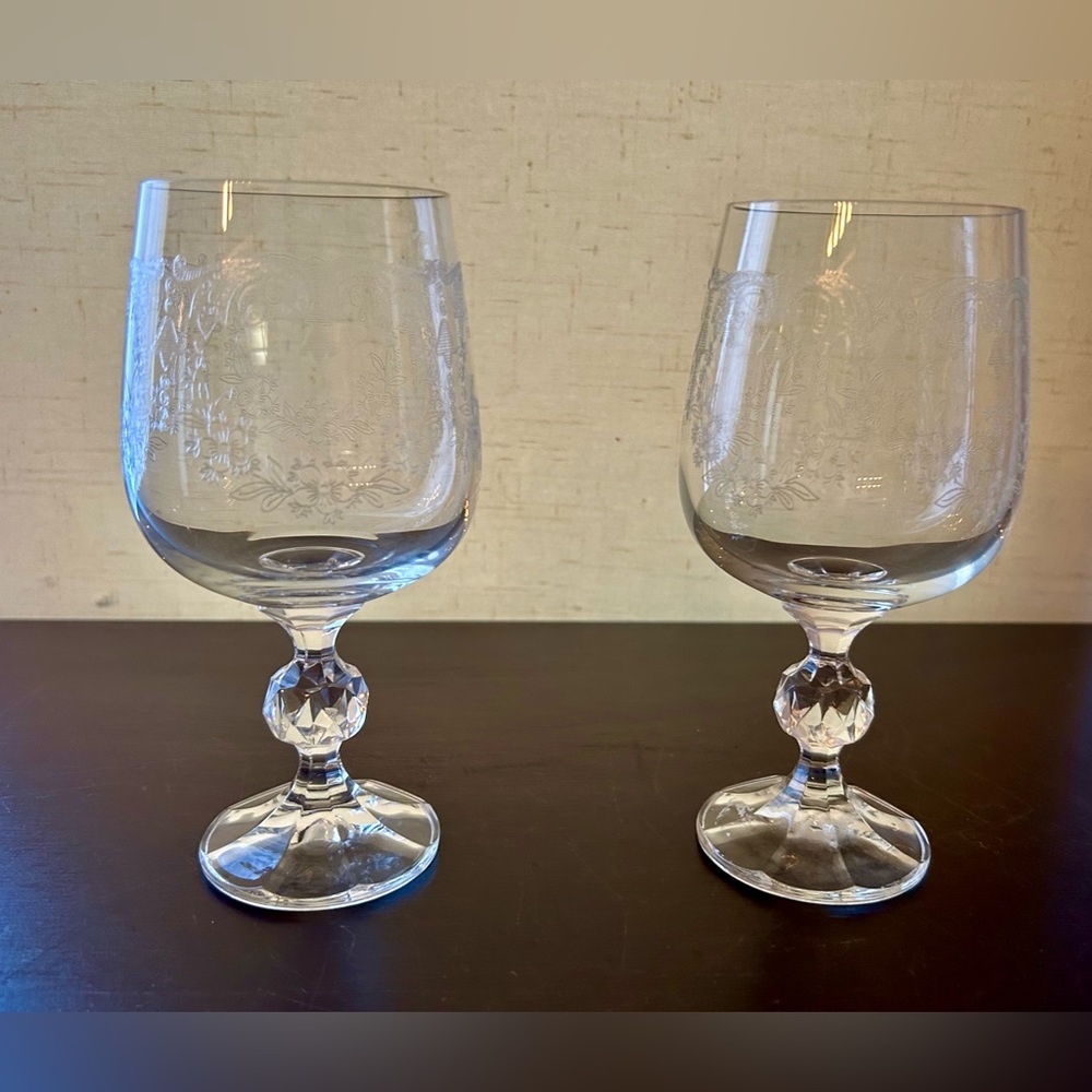 Set of two Vintage, etched Cascade by Import Assoc. Blown wine glasses